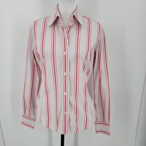 Faconnable Shirt Women's Small Striped Cotton Long Sleeve Pink White Gray